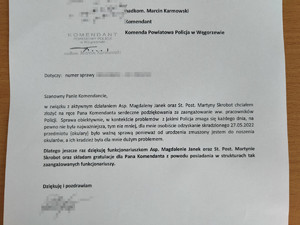 podziękowania dla asp. Magdaleny Janek i st. post. Martyny Skrobot zaangażowanie w odzyskanie skradzionych okularów