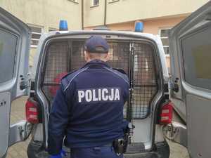 policjant a przed nim radiowóz z zatrzymanym