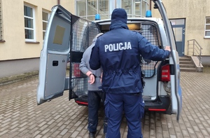 policjant stoi tyłem, wprowadza do radiowozu mężczyznę, który ma założone kajdanki