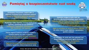 plakat z napisem Pamiętaj o bezpieczeństwie nad wodą